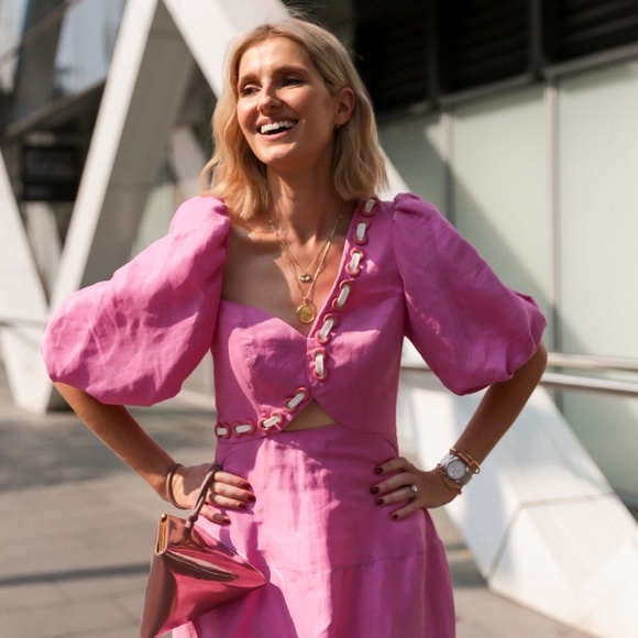 Aje Coda Eyelet Asymmetrical Pink Midi Dress 6 ( AU 10 ) - Picture 6 of 12